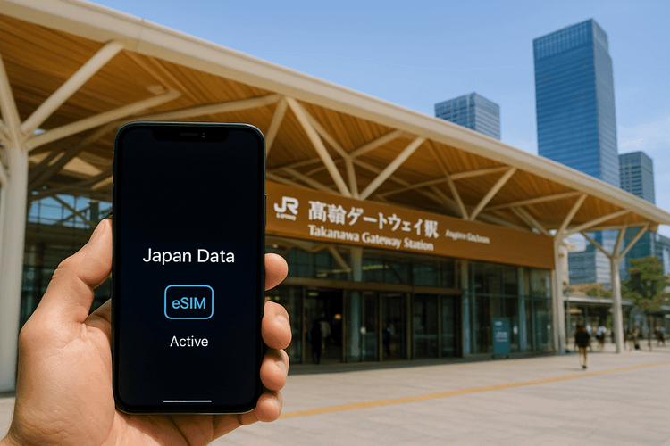 Smartphone showing active Japan eSIM profile at Takanawa Gateway Station