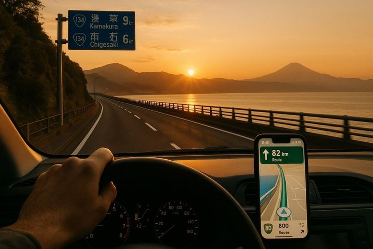 A scenic photo-style prompt of a traveler driving along a coastal highway in Japan at sunrise