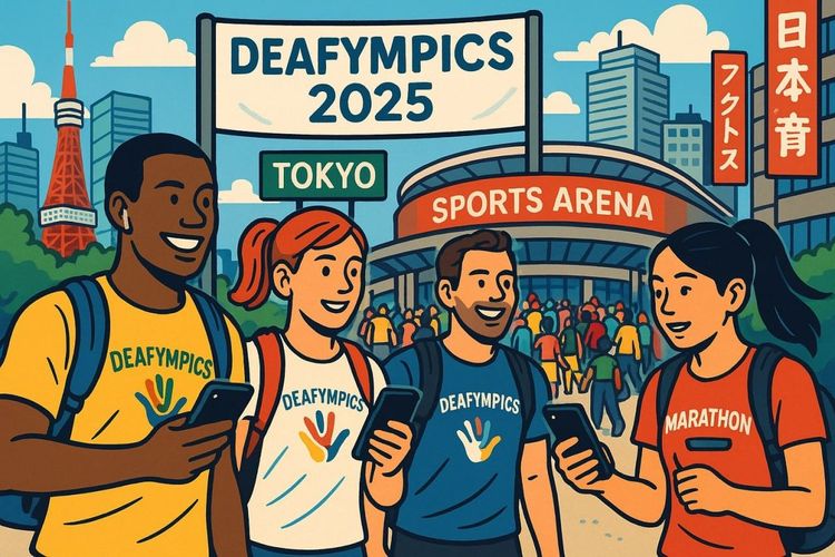 A bright, editorial-style illustration of athletes arriving at a Japanese sports arena with smartphones in hand
