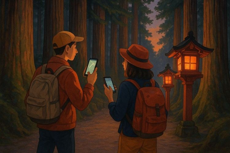 A warm, travel-guide-style illustration of travelers walking through Nikko’s cedar-lined path with smartphones out for navigation