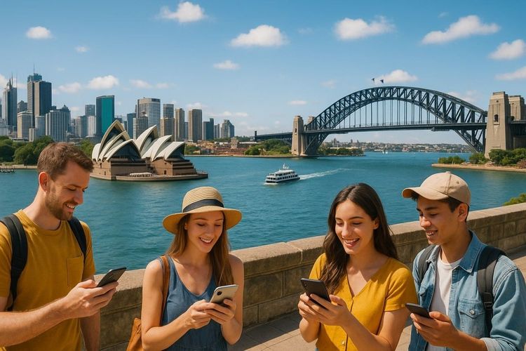A sunny panoramic view of Sydney Harbour with travellers checking their phones for weather and transport updates