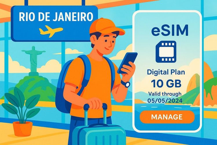 A bright, modern travel scene showing a traveler arriving at Rio de Janeiro’s airport