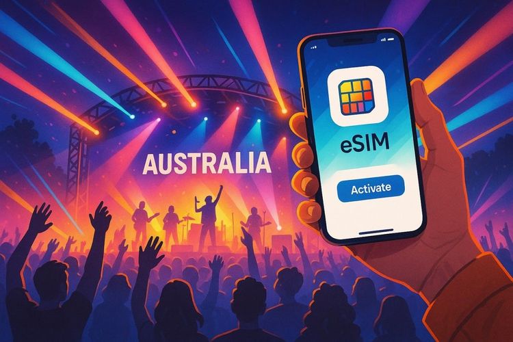 A lively concert scene in Australia with a traveler holding a smartphone showing an eSIM interface