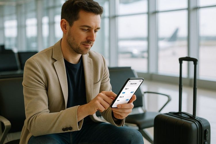 A traveler sitting in an airport lounge, checking their smartphone with dual-SIM settings open