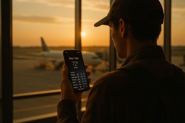 A traveler checking a weather app on their phone at an airport window