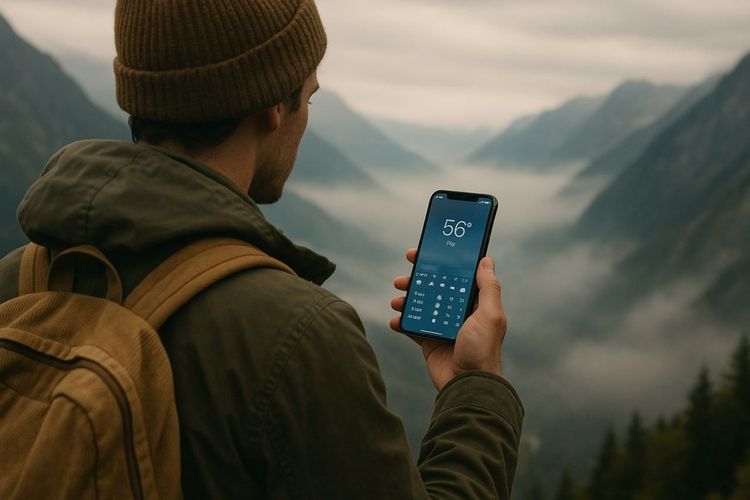 A traveler checking a weather app on their phone while overlooking a foggy mountain range