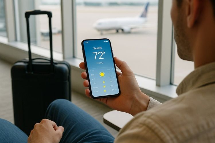 A traveler checking weather apps on a smartphone at an airport lounge