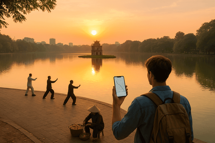 Sunrise over Hoan Kiem Lake, traveler using phone