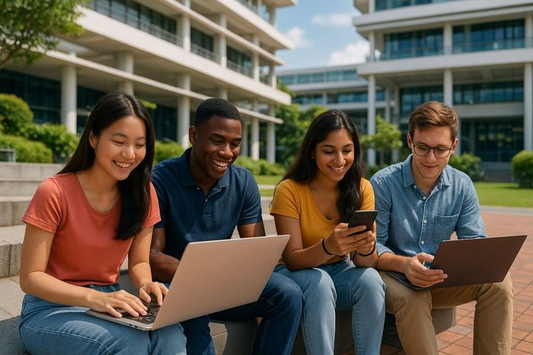 International students sitting outdoors at NUS UTown with laptops and phones