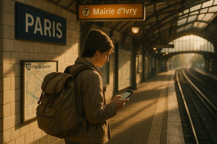 A traveler standing at a Paris metro station checking their phone map
