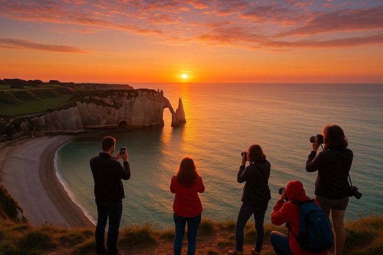 Wide view of the cliffs of Étretat at sunrise, tourists taking photos