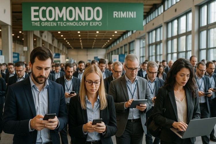 A busy conference hall at Ecomondo in Rimini with professionals using their devices