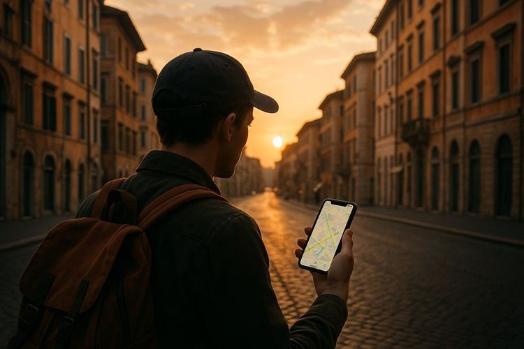 A traveler using a smartphone with a digital map while looking at Italian streets at sunrise