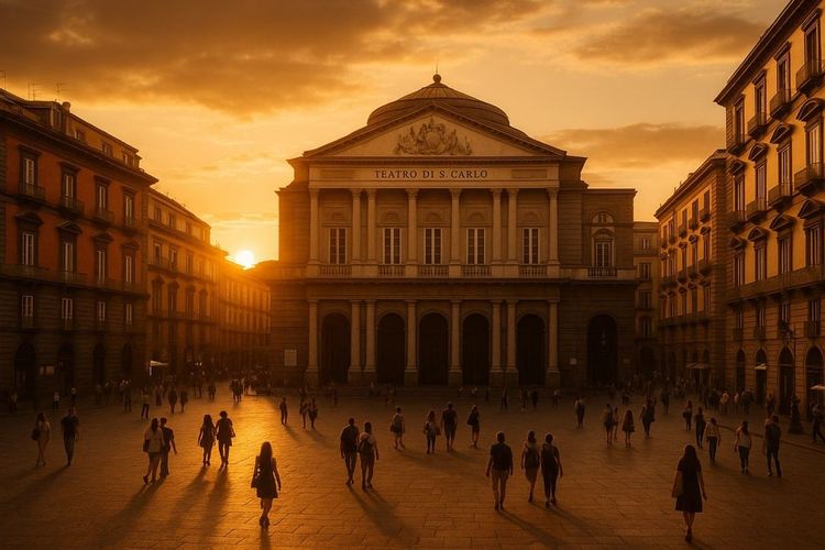 Aerial sunset view of Teatro di San Carlo in Naples, Italy, with warm golden tones and travelers walking nearby