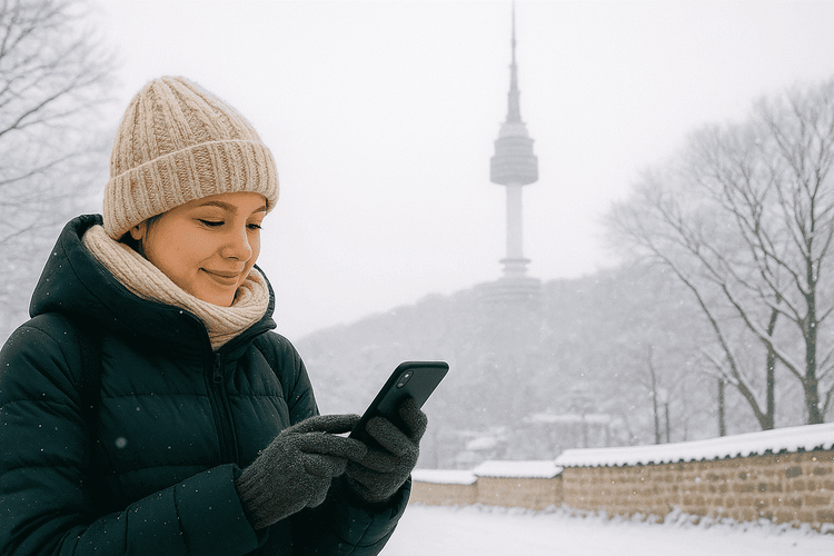A traveler bundled up in winter clothes using a smartphone in snowy Seoul, with Namsan Tower in the background