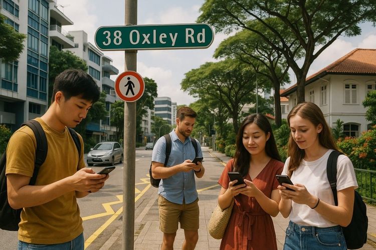 A bright, modern Singapore street scene near 38 Oxley Road, with travelers using their phones and city greenery in the background