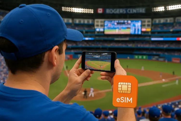 A fan at the Rogers Centre in Toronto holding a smartphone