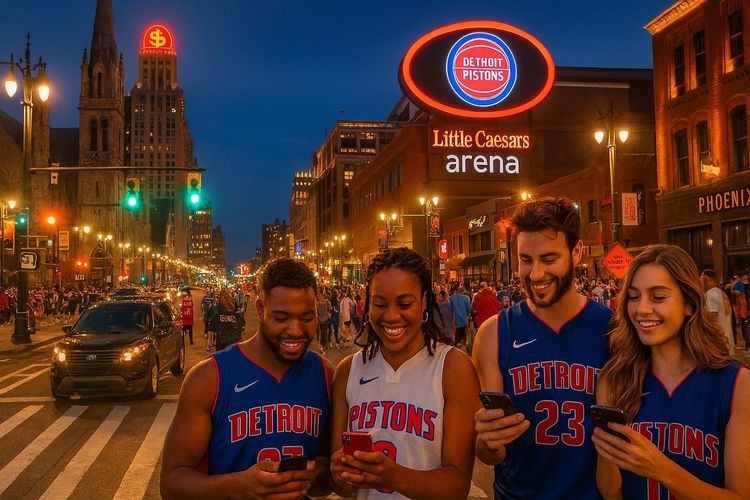 A lively Detroit street scene near Little Caesars Arena with fans wearing Pistons jerseys and city lights glowing — energetic, travel-blog vibe promoting seamless mobile connectivity