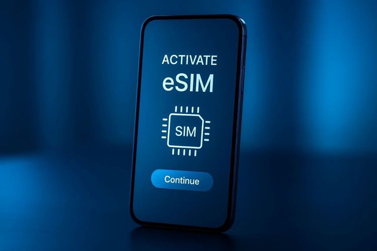 A sleek smartphone on a table displaying a digital SIM activation screen, symbolizing eSIM technology