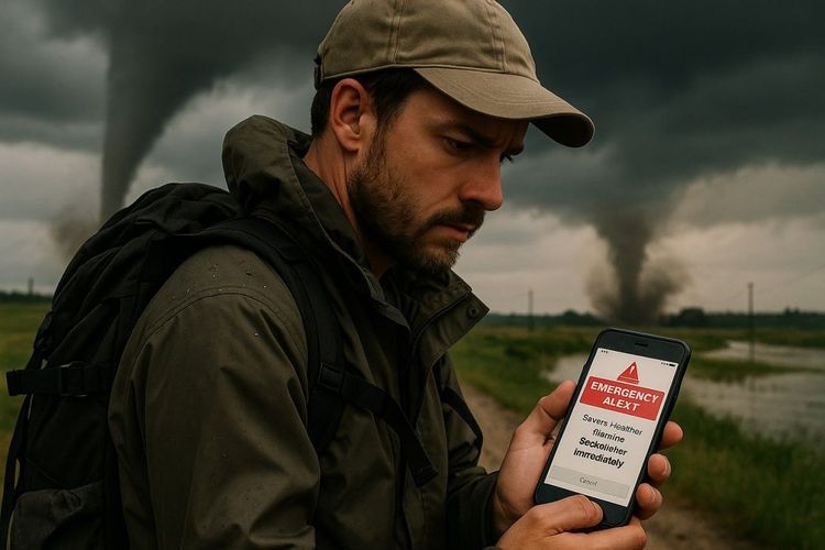 A traveler checking emergency alerts on their phone during a natural disaster