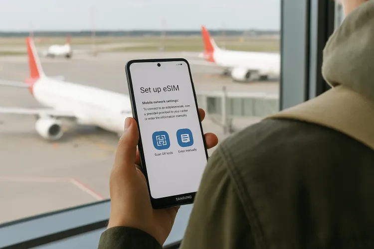 A traveler holding a Samsung Galaxy phone at an airport window with planes in the background