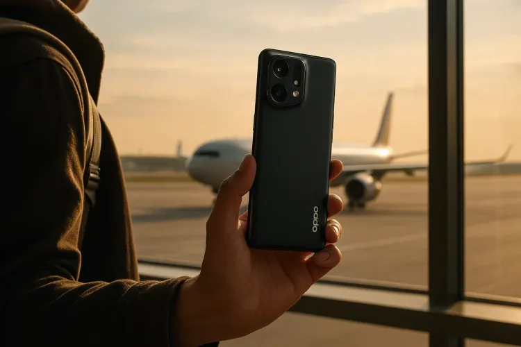 A traveler holding an OPPO Find X9 Pro near an airport window