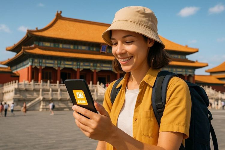A traveler in Beijing checking their phone while connected to an eSIM, with the Forbidden City in the background