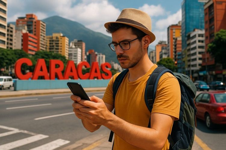 A traveler in Caracas using a smartphone to navigate, vibrant city background,