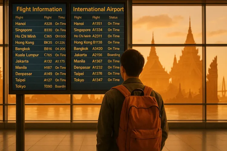 A traveler looking at flight boards in an international airport with Southeast Asian city icons in the background