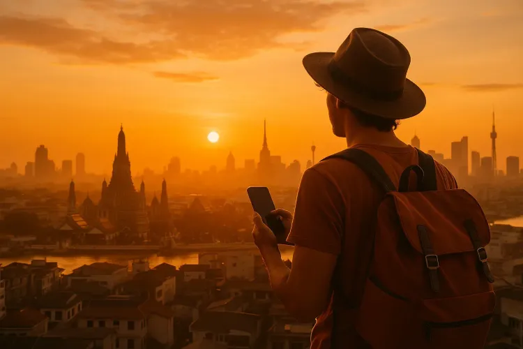 A traveler looking over a Southeast Asian city skyline at sunrise with a phone in hand