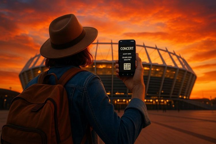 A traveler standing outside an international stadium at sunset