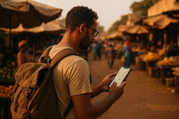 A traveler using a smartphone with digital map in Bamako market