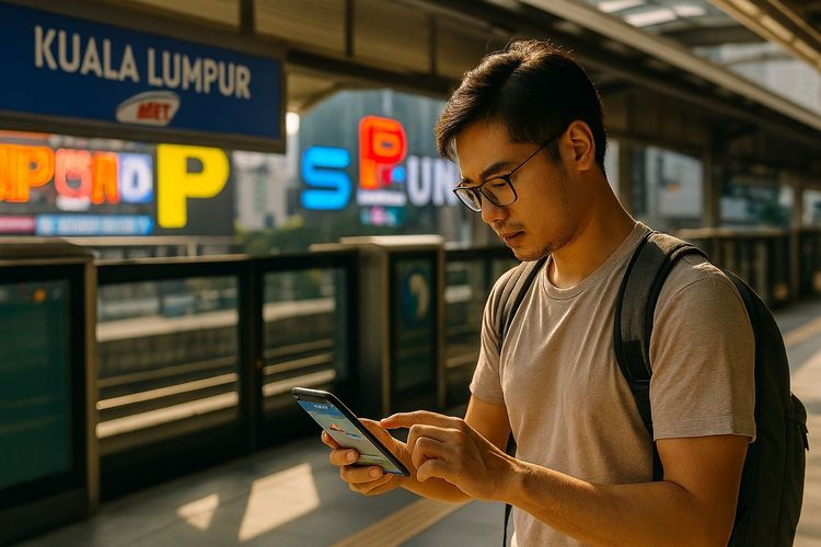 A traveler using a smartphone on the Kuala Lumpur MRT platform, bright city signage in background, clean modern station, morning sunlight, travel vibe, navigation apps visible
