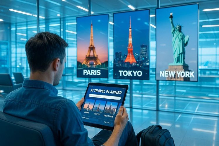 A traveler using an AI-powered travel planner on a tablet in an airport lounge, with global destinations displayed on screens