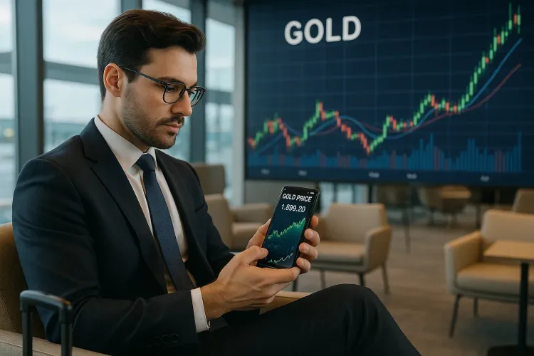 Business traveler checking gold prices on a smartphone in an airport lounge
