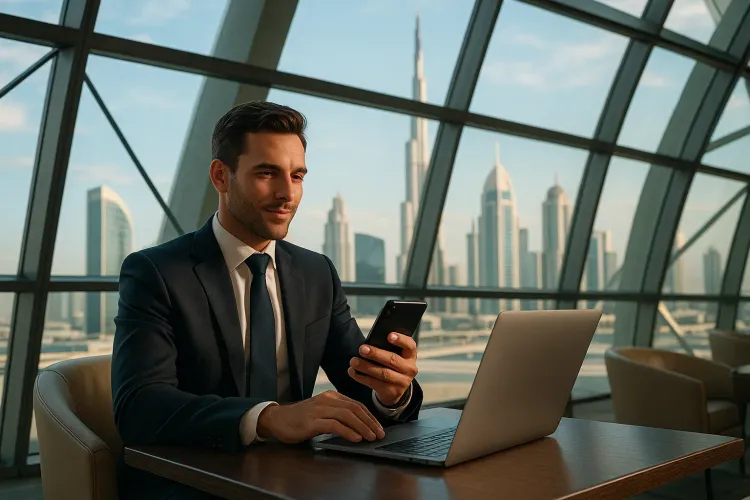 Business traveler in Dubai airport lounge