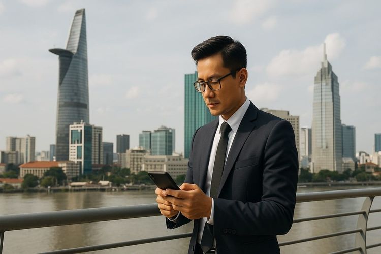 Business traveler in Ho Chi Minh City using smartphone while overlooking the skyline, daylight professional tone, illustrating seamless mobile connectivity.