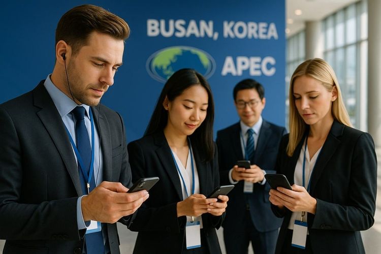 Business travelers using eSIM while attending APEC conference in Busan, South Korea