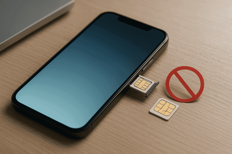 What does carrier locked mean: Smartphone with SIM tray open and a blocked SIM card icon.