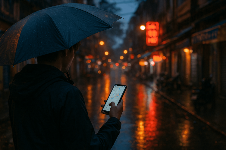 Traveler with smartphone under umbrella on rainy Hanoi street