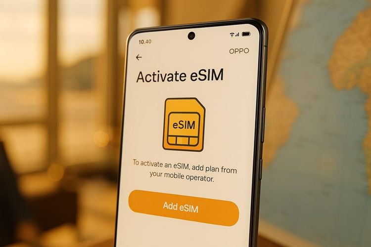 Close-up of an OPPO Find X9 Pro smartphone showing eSIM activation screen, modern UI design in travel context