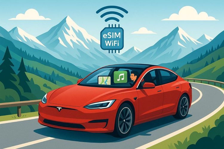 Digital illustration of a Tesla driving through the Alps with eSIM-enabled Wi-Fi, driver streaming music and navigation apps