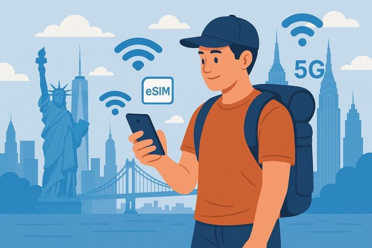 Digital illustration of a traveler arriving in New York City using a smartphone with eSIM connectivity