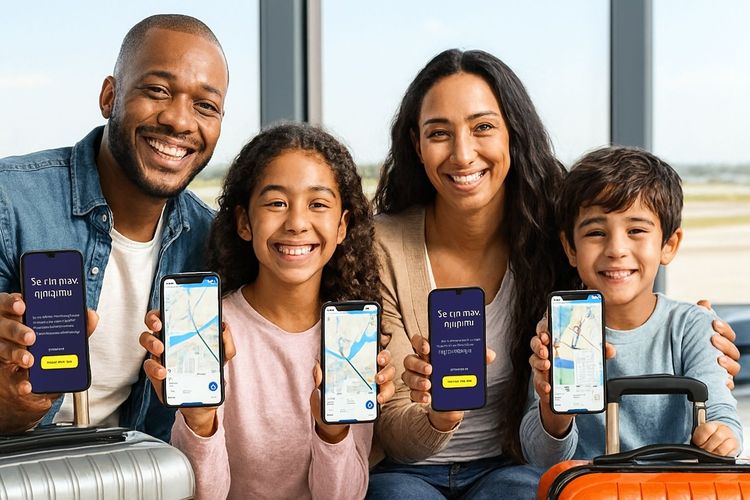 Family at airport using smartphones and eSIM activation screens