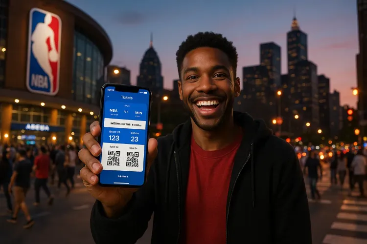 Fan outside an NBA arena at dusk with skyline views, holding a smartphone showing mobile tickets