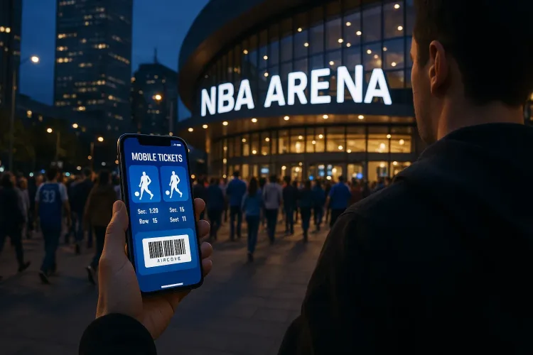 Fan walking toward an NBA arena entrance with a smartphone open to mobile tickets