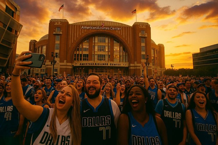 Fans outside American Airlines Center in Dallas at sunset, energetic crowd wearing Mavericks jerseys, smartphone-first travel vibe, travel blog style, cinematic tone