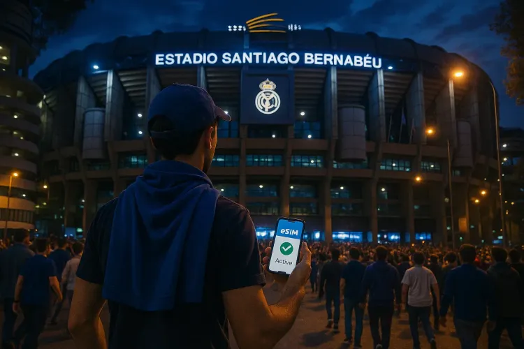 Football fan walking toward Santiago Bernabéu Stadium with smartphone