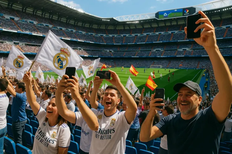 Football fans taking photos inside Santiago Bernabéu Stadium, bright daylight, energetic crowd with flags
