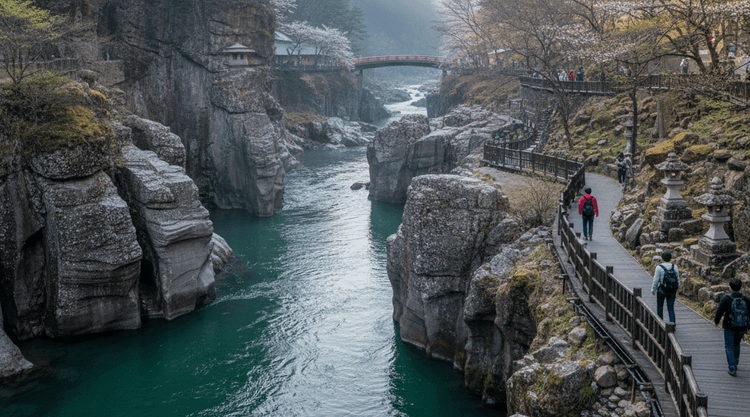 Genbikei Gorge walkway and emerald river